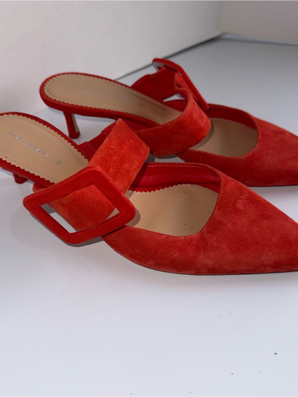 ZARA Orange Suede Pointed-Toe Kitten Heel Mule with Buckle Strap 40 - Picture 2 of 5